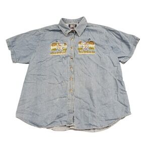 Quizz Denim Button Down‎ Shirt Womens Medium Blue Embroidered Garden Teddy Bear